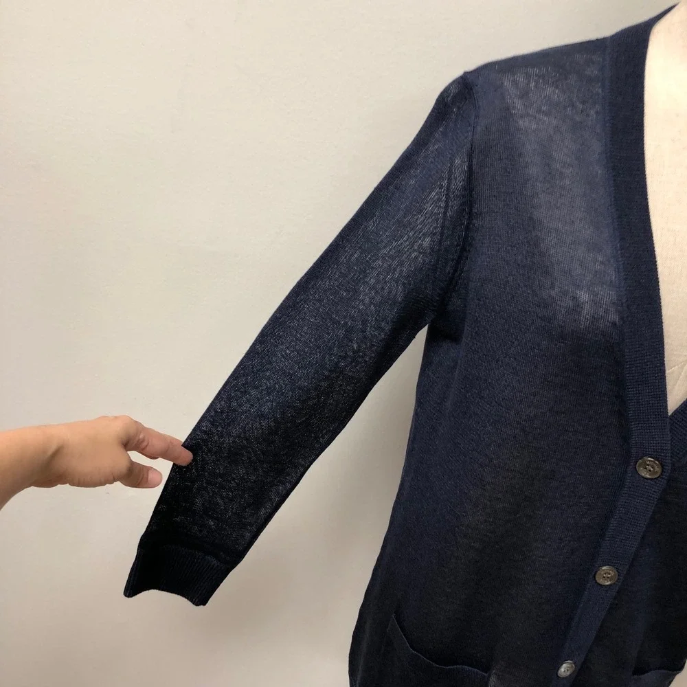 Michael Kors Cardigan Womens Medium Indigo Blue‎ Linen Silk V-Neck Minimalist